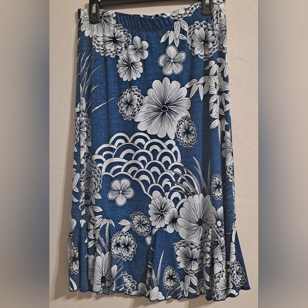 Blue & White Floral Embossed A-Line Skirt